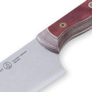 Close-up of the Messermeister Custom Red Chef's Knife - 8", featuring an ergonomic layered wooden handle and engraved brand details on the cold-rolled steel blade, with a focus on the distinctive red design.
