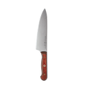 The Messermeister Custom Red Chef's Knife - 8" features a sharp cold-rolled steel blade and an ergonomic wooden handle with three brass rivets, shown against a plain white background.