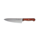 The Messermeister Custom Red Chef's Knife - 8", featuring a wide, cold-rolled steel blade and an ergonomic wooden handle with brass rivets, is displayed on a plain white background.