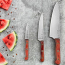 The Messermeister Custom Red Chef's Knife - 8" from Messermeister lies on a gray textured surface beside sliced watermelon and scattered seeds, its ergonomic handle providing comfort for every cut.