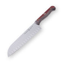 The Messermeister Custom Red Kullens Santoku Knife - 7" features a wide stainless steel blade with oval indentations and an ergonomic handle with visible wood grain and metal rivets.