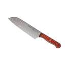 The Messermeister Custom Red Kullens Santoku Knife - 7" features a stainless steel blade with oval indents and an ergonomic wooden handle, displayed against a white background.