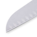 Close-up of the Messermeister Custom Red Kullens Santoku Knife - 7" with a stainless steel blade featuring oval-shaped indentations and an ergonomic handle, shown against a white background.
