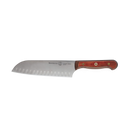 The Messermeister Custom Red Kullens Santoku Knife - 7" features a stainless steel blade with kullens and an ergonomic wooden handle, shown on a plain white background.