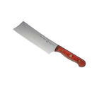 The Messermeister Custom Red Nakiri Knife - 6.5" features a rectangular stainless steel blade and a red wooden handle with brass rivets, shown on a white background.