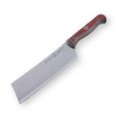 The Messermeister Custom Red Nakiri Knife - 6.5" is a Japanese vegetable knife with a wide rectangular stainless steel blade and a wooden handle with brass rivets, inspired by traditional design and shown on a white background.