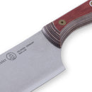 Close-up of the Messermeister Custom Red Nakiri Knife - 6.5" with a stainless steel blade and wooden handle. The blade features the Messermeister logo and resembles a Japanese vegetable knife.