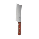The Messermeister Custom Red Nakiri Knife - 6.5" features a broad, rectangular blade with a ceramic stonewashed finish and a polished wooden handle by Messermeister, displayed on a plain white background.