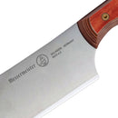 Close-up of the Messermeister Custom Red Nakiri Knife - 6.5" blade, engraved with the Messermeister logo and Solingen, Germany. This Japanese vegetable knife features a wood handle secured by a brass rivet.