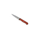 The Messermeister Custom Red Paring Knife - 3.5" features a sharp, pointed stainless steel blade and a reddish-brown wooden handle from Messermeister, shown against a white background.