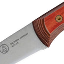 Close-up of the Messermeister Custom Red Paring Knife - 3.5" blade, featuring an engraved logo and text, with a wooden handle, brass rivet, and branded details visible.