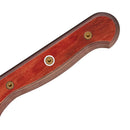 Close-up of the Messermeister Custom Red Paring Knife - 3.5" handle, showcasing its ergonomic, reddish-brown finish with three metal rivets and a gentle curve for comfort, displayed against a white background.