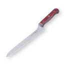 The Messermeister Custom Red Scalloped Offset Knife - 8" is a serrated bread knife with a reddish-brown wooden handle, two metal rivets, and an offset design, displayed on a white background.