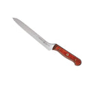 The Messermeister Custom Red Scalloped Offset Knife - 8" features a long stainless steel serrated blade, left-angled offset handle, and brass rivets on the wooden grip for secure handling.