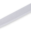 A close-up of the Messermeister Custom Red Scalloped Offset Knife - 8" blade highlights its serrated edge and unique offset handle, shown diagonally against a white background.