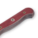 Close-up of the Messermeister Custom Red Scalloped Offset Knife - 8" handle, featuring a reddish-brown wooden finish with layered texture and three metal rivets. The blade is not shown in the image.