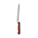 The Messermeister Custom Red Scalloped Offset Knife - 8" features a serrated silver blade and a red offset handle, shown on a plain white background.