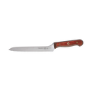 The Messermeister Custom Red Scalloped Offset Knife - 8" features a scalloped stainless steel blade and red offset handle, shown against a plain white background.