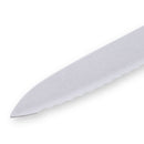 Close-up of the Messermeister Custom Red Scalloped Offset Knife - 8", showcasing its sharp scalloped edge, pointed tip, and unique offset handle—ideal for precise bread slicing against a white background.