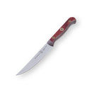 The Messermeister Custom Red 4 Piece Steak Knife Set by Messermeister features sharp, narrow blades crafted from cold-rolled steel and red handles with two brass rivets, displayed on a white background.