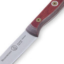 Close-up of the Messermeister Custom Red 4 Piece Steak Knife Set, featuring a cold-rolled steel blade and polished wooden handle with brass rivets. The Messermeister logo and "Solingen, Germany" are engraved on the blade.