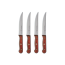 The Messermeister Custom Red 4 Piece Steak Knife Set features four razor-sharp cold-rolled steel blades with reddish-brown wooden handles, displayed side by side against a plain white background.