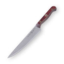 The Messermeister Custom Red Utility Knife - 6" features a long, pointed stainless steel blade and red handle, making it ideal for kitchen prep. Shown isolated on a white background.