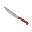 The Messermeister Custom Red Utility Knife - 6" by Messermeister features a sharp stainless steel blade and a reddish-brown wooden handle, making it perfect for kitchen prep. Shown on a white background.
