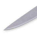A close-up of the pointed tip of the Messermeister Custom Red Utility Knife - 6" with a red handle and stainless steel blade, shown on a white background.