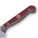 Close-up of the Messermeister Custom Red Utility Knife - 6" handle, featuring layered wood with a polished reddish-brown finish, two brass rivets, and a metal lanyard hole—ideal for kitchen prep—shown against a white background.