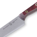 A close-up of the Messermeister Custom Red Utility Knife - 6" with a polished red handle and stainless steel blade, featuring the engraved Messermeister brand—perfect for precise kitchen prep.