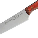 A close-up of the Messermeister Custom Red Utility Knife - 6" with a stainless steel blade, ideal for kitchen prep tasks.