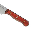 Close-up of the Messermeister Custom Red Utility Knife - 6" featuring a polished red handle with brass rivets and part of the stainless steel blade—perfect for precise kitchen prep.