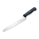 The Messermeister Custom Scalloped Offset Knife - 8" features a long, silver cold-rolled steel blade and a black contoured handle with two brass rivets. It rests on a white background.