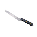 The Messermeister Custom Scalloped Offset Knife - 8" features a long, narrow cold-rolled steel blade and a black handle with visible rivets, shown resting on a white background.