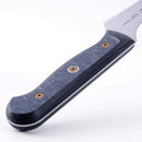 Close-up of the Messermeister Custom Scalloped Offset Knife - 8" handle, featuring a textured dark blue grip with visible screws, set against a plain white background.