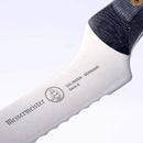 Close-up of the Messermeister Custom Scalloped Offset Knife - 8" blade, showing the engraved logo and "Solingen, Germany 8644-8" on cold-rolled steel for long-lasting sharpness and durability.