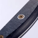 Close-up of the Messermeister Custom Scalloped Offset Knife - 8" handle in gray and black with metallic screws and a curved edge, made by Messermeister, set against a plain white background.