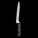 The Messermeister Custom Scalloped Offset Knife - 8" features a silver cold-rolled steel blade and dark handle, displayed against a solid black background.