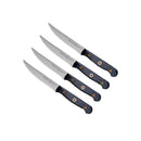 The Messermeister Custom Steak Knife Set - 4 Piece by Messermeister features four razor-sharp steak knives with black handles, arranged diagonally in parallel on a white background.