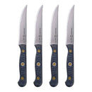 The Messermeister Custom Steak Knife Set - 4 Piece features razor-sharp steel blades and textured black handles with two brass rivets, displayed vertically in a row against a white background.