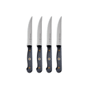 The Messermeister Custom Steak Knife Set - 4 Piece features four identical, razor-sharp steel knives with black handles, arranged vertically side by side against a plain white background, highlighting the brand’s sleek and modern design.