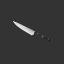 The Messermeister Custom Utility Knife - 6", featuring a stainless steel blade and black textured handle with brass rivets, is displayed on a dark gray background.