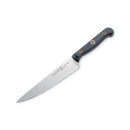 The Messermeister Custom Utility Knife - 6" features a sharp stainless steel blade and a black handle with two copper rivets, shown here photographed on a white background.