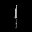 The Messermeister Custom Utility Knife - 6" features a silver blade and black handle, displayed vertically against a solid black background.