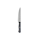 The Messermeister Custom Utility Knife - 6" by Messermeister features a stainless steel blade, black handle with two metal rivets, and is shown vertically on a plain white background.