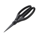 The Messermeister Esther Choi Push Button Take-Apart Precision Shears - 7" feature pointed high-carbon stainless steel blades and ergonomic handles, shown in black on a plain white background.