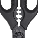 Close-up of black Messermeister Esther Choi Push Button Take-Apart Precision Shears - 7", crafted from high-carbon stainless steel, featuring a built-in bottle/jar opener and Esther Choi’s signature engraved near the pivot.
