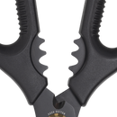 Close-up of Messermeister Esther Choi Push Button Take-Apart Precision Shears - 7" with black handles, built-in serrated grips for cracking nuts or opening bottles, and high-carbon stainless steel blades, shown against a white background.