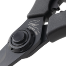 Close-up of Messermeister Esther Choi Push Button Take-Apart Precision Shears - 7", featuring black high-carbon stainless steel, with Esther Choi's engraved signature near the pivot joint, showcasing detailed texture and design.